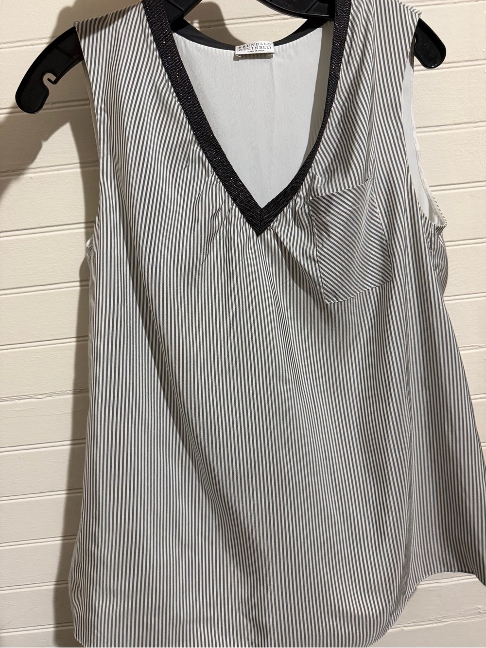 Brunello Cucinelli Pinstripe Stretch Silk Monili-Trim V-Neck